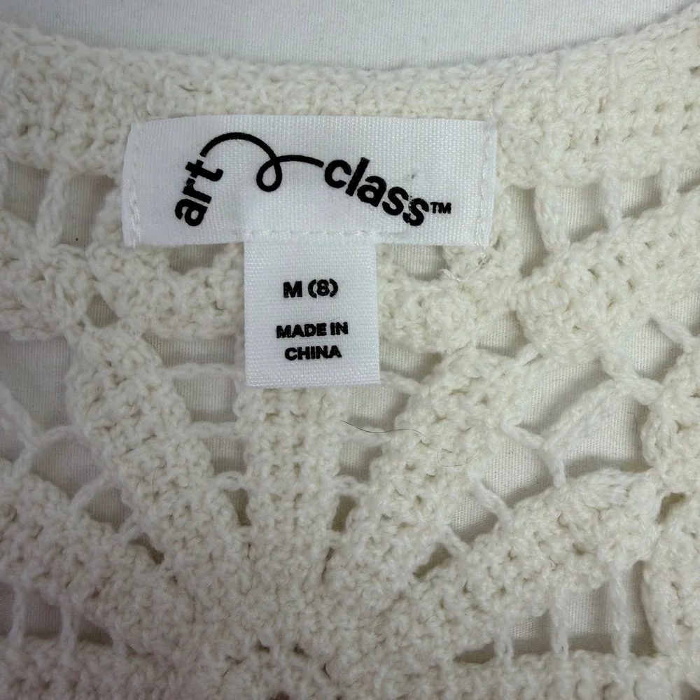 Art Class Crochet Vest Girls Medium 8 White Floral Button Up Boho Cottagecore
